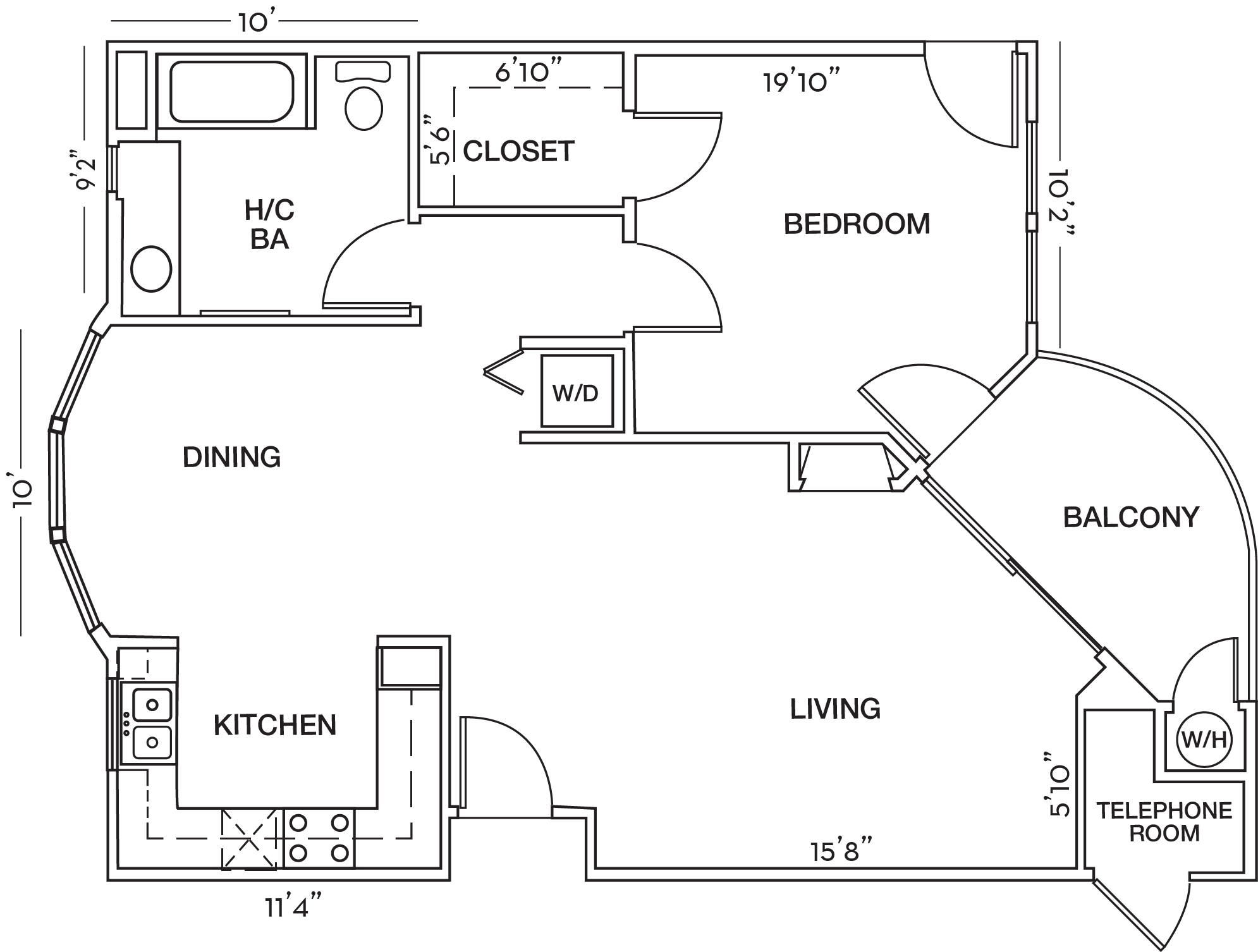 Floor plan for 1 bed, 1 bath, 820 sqft